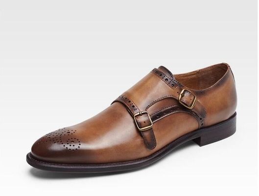 Italian Genuine Leather Monk Strap Shoes , Leather Loafers For Men In Brogue Detailing