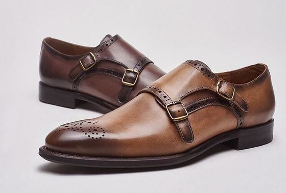 Italian Genuine Leather Monk Strap Shoes , Leather Loafers For Men In Brogue Detailing