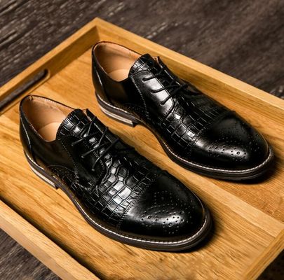 Patina Crocodile Skin Shoes for Men, Brogue Wingtips Exotic Leather Men Shoes