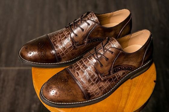 Patina Crocodile Skin Shoes for Men, Brogue Wingtips Exotic Leather Men Shoes