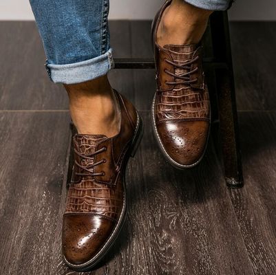 Patina Crocodile Skin Shoes for Men, Brogue Wingtips Exotic Leather Men Shoes