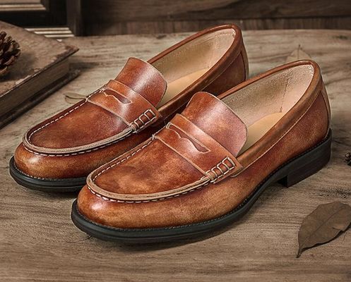 Breathable Men Brown Penny Loafers , Genuine Leather Loafer Shoes