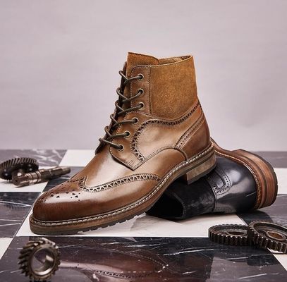 Comfortable Mens Brogue Brown Boots , Lace Up Mens Leather Half Boots