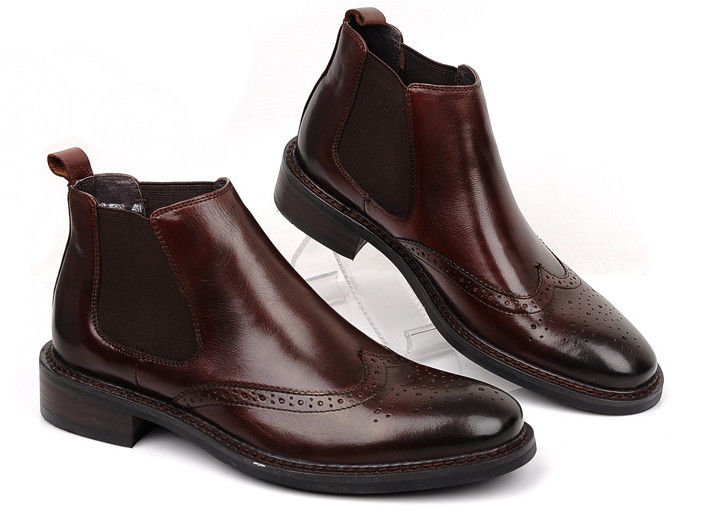 Brogue Style Mens Ankle Boots Slip On Full Grain Leather Size Customized