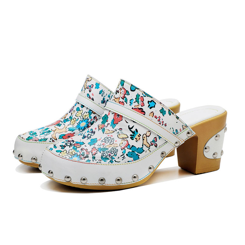 Colorful Bohemian Mules Platform Block Heel Sandals Leather Clogs Shoes