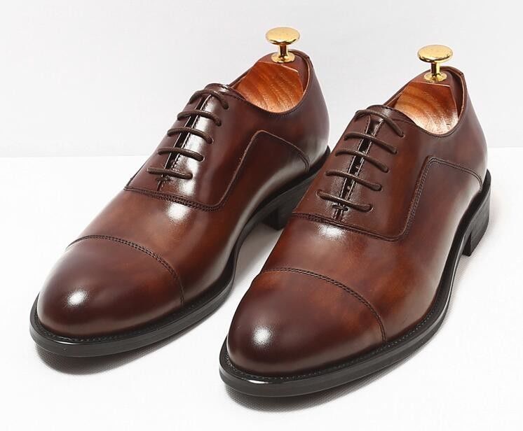 Plain Toe Mens Brown Lace Up Dress Shoes Sizes Customized With Waxy Leather Finish