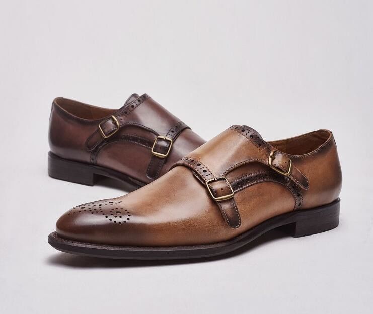 Italian Genuine Leather Monk Strap Shoes , Leather Loafers For Men In Brogue Detailing